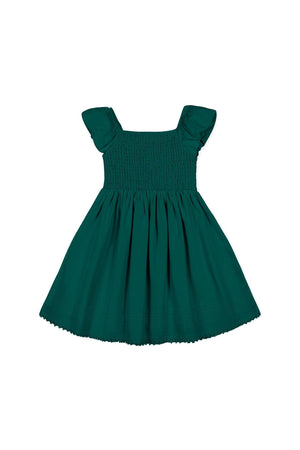 Deep green organic cotton sateen dress featuring a smocked bodice and gently puffed sleeves. Ideal for toddlers and girls, this elegant dress is perfect for special occasions and playful twirls.