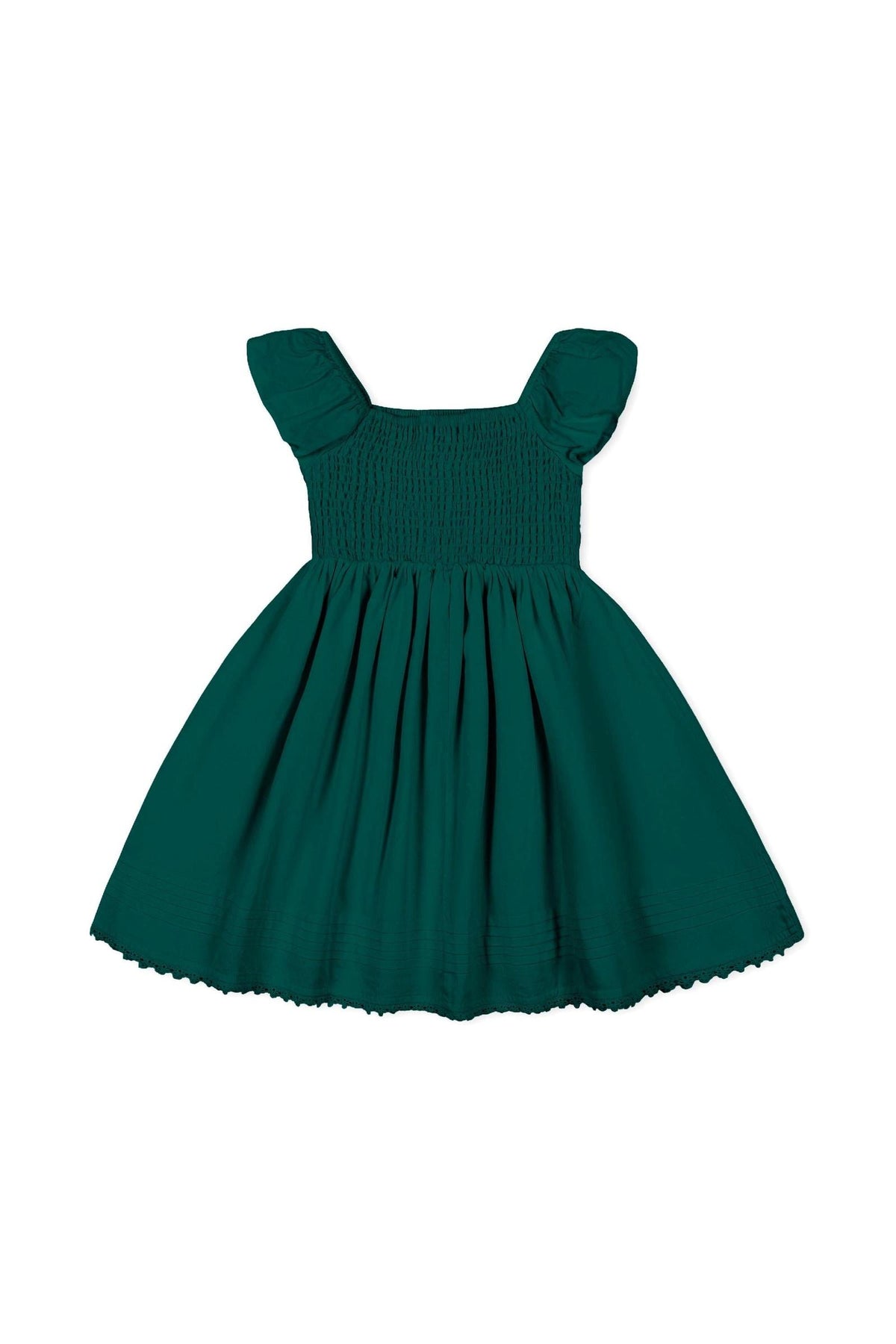 Deep green organic cotton sateen dress featuring a stretchy smocked bodice and gently puffed sleeves, perfect for toddlers and girls. Ideal for special occasions and comfortable wear.