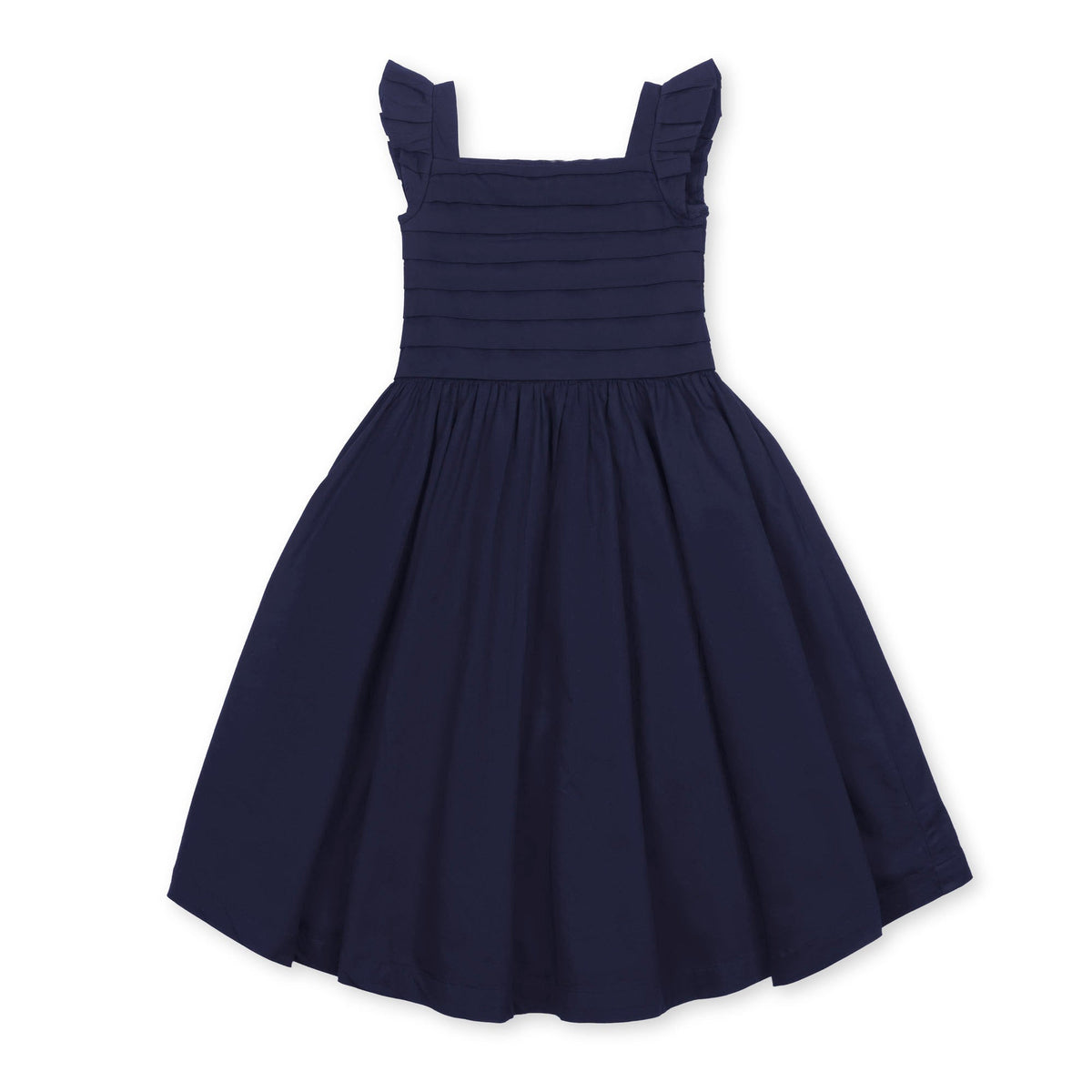 Navy organic cotton sateen party dress for toddlers and kids features a pleated bodice with knife pleated cap sleeves and a full skirt, perfect for special occasions.