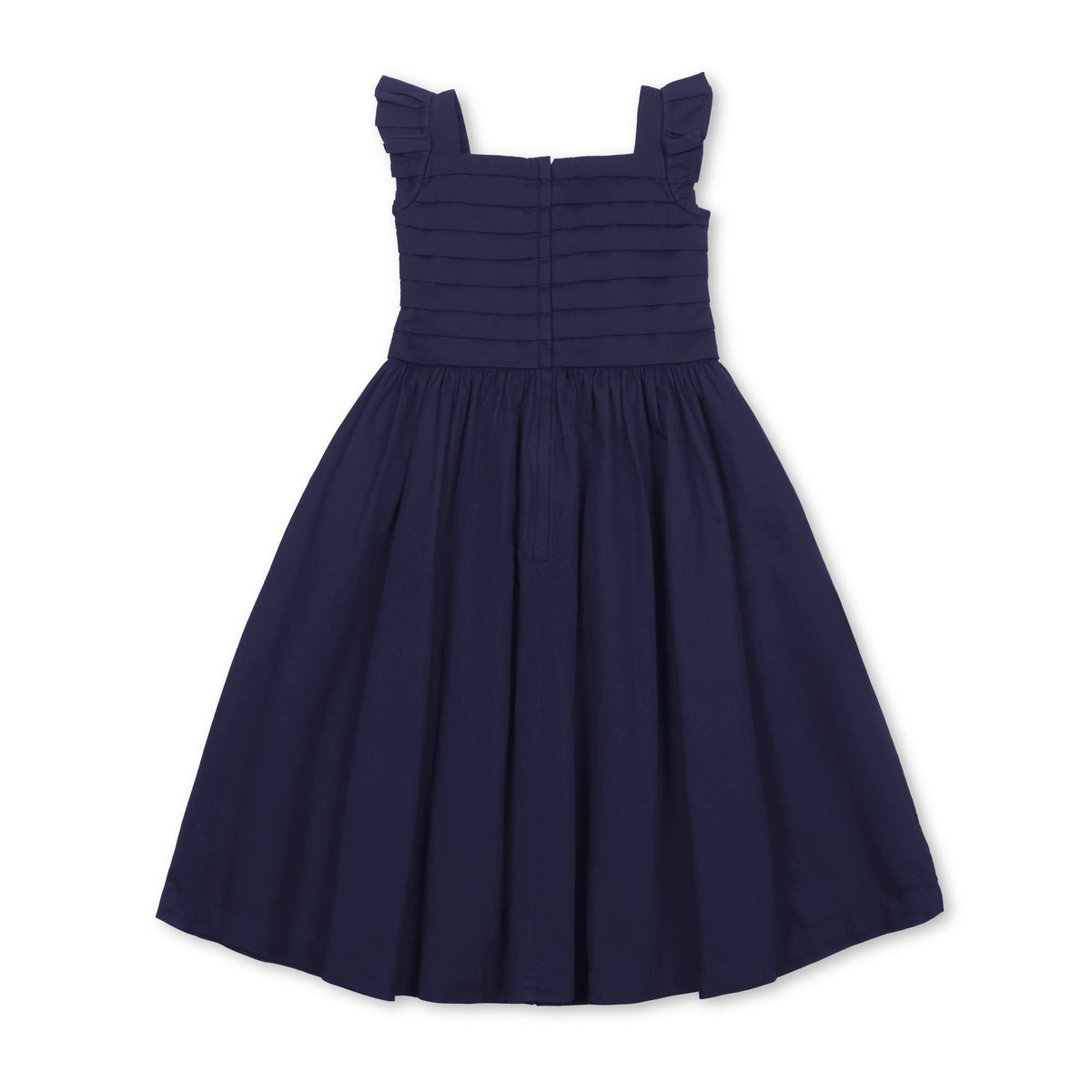 Navy organic cotton sateen party dress with pleated bodice and knife pleated cap sleeves, featuring a center back zipper. Ideal for toddlers and kids special occasions.