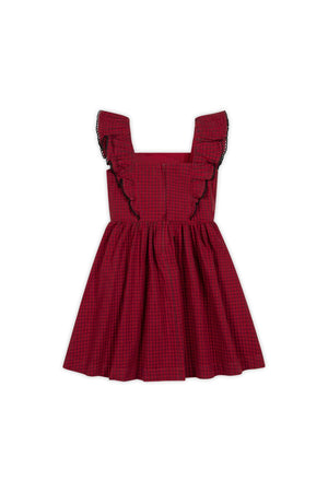 A red gingham organic cotton jumper dress features ruffled sleeves and a flared skirt. This charming design is perfect for toddlers and girls, ideal for festive occasions and comfortable play.