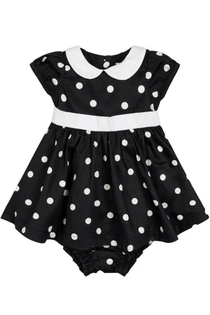 Organic Cotton Peter Pan Collar Party Baby Dress, Black Polka Dot