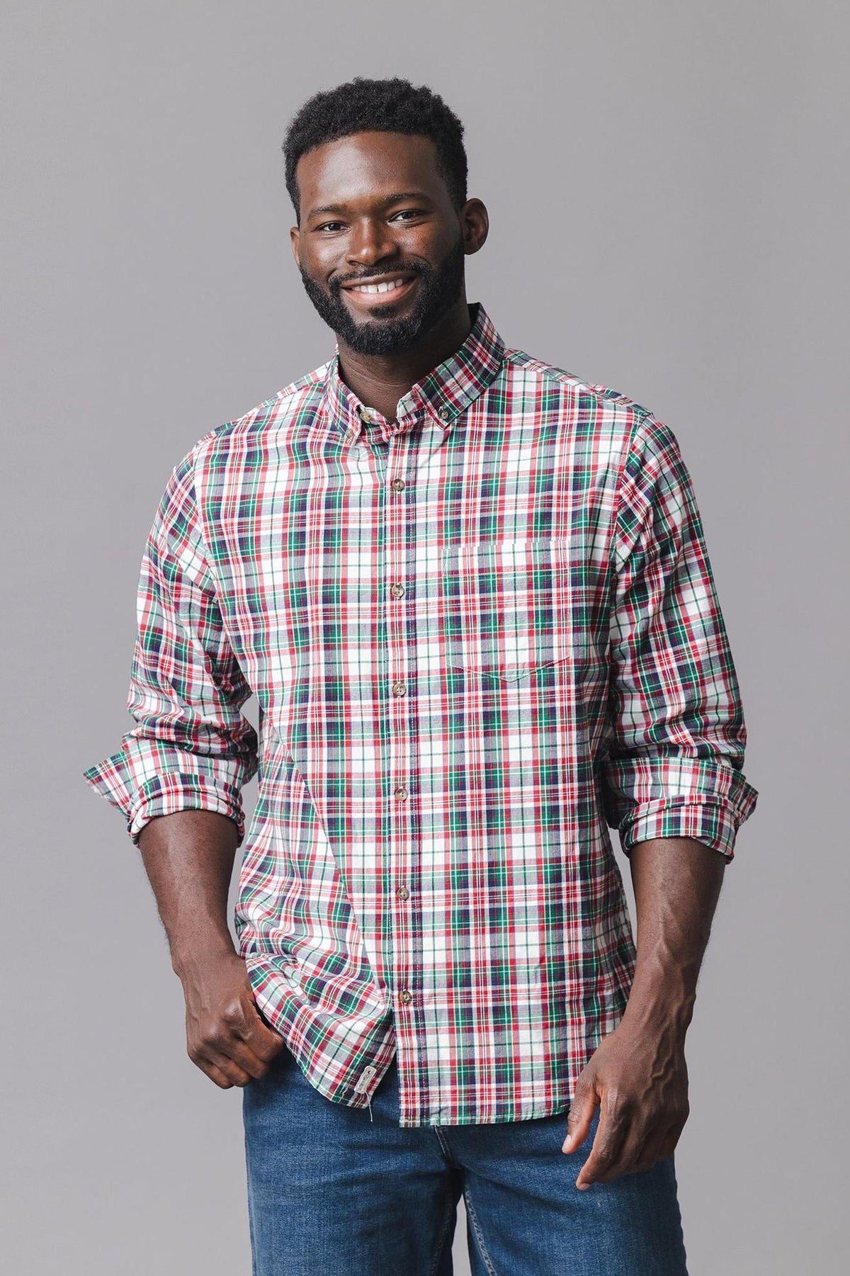 Organic Cotton Stretch Poplin Shirt, Holiday Tartan, Men, Family Matching