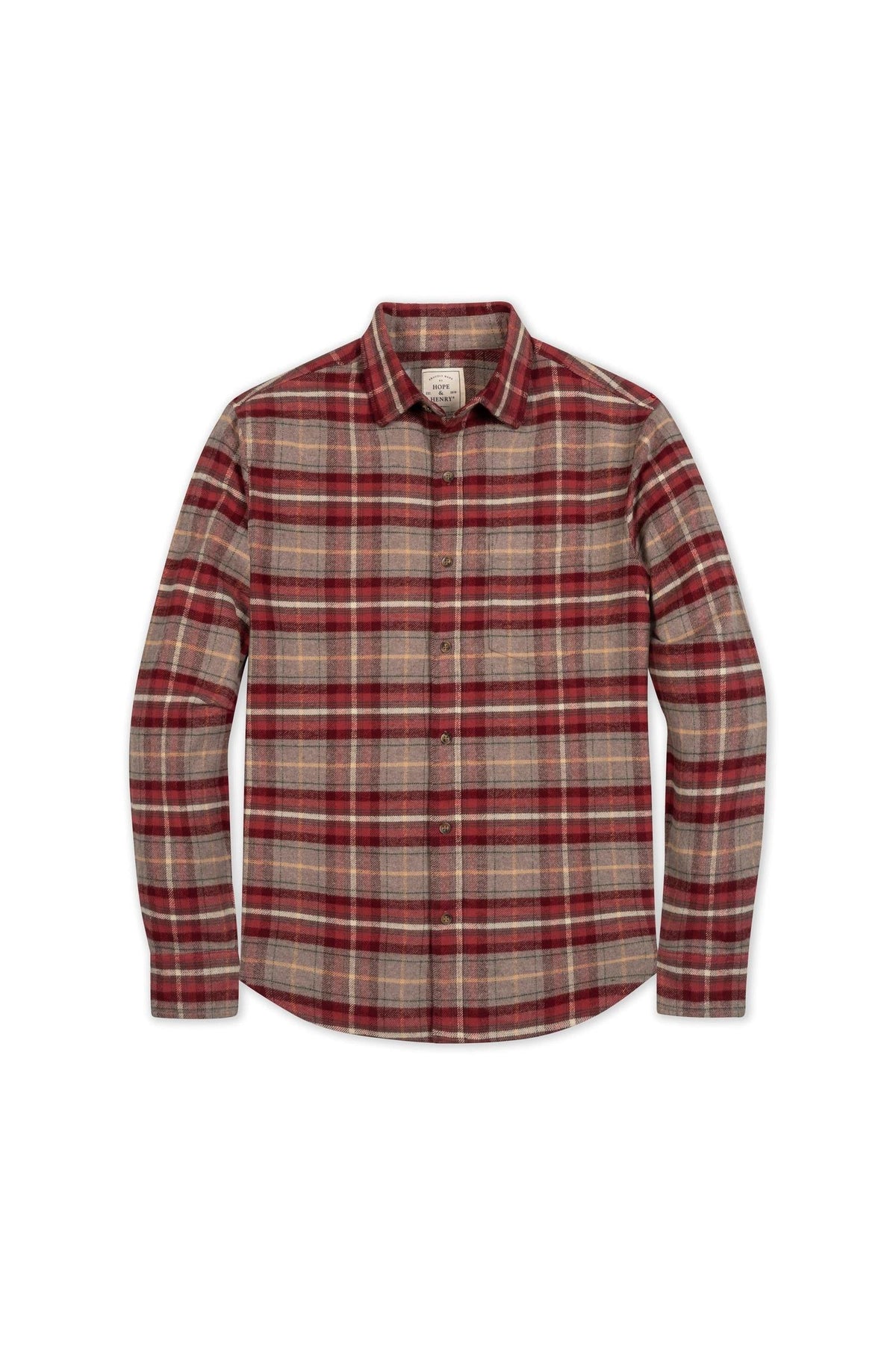 A cozy organic flannel shirt in rosy taupe plaid features a button-down design. Made from 100% organic cotton, it offers a soft and durable finish suitable for family matching.