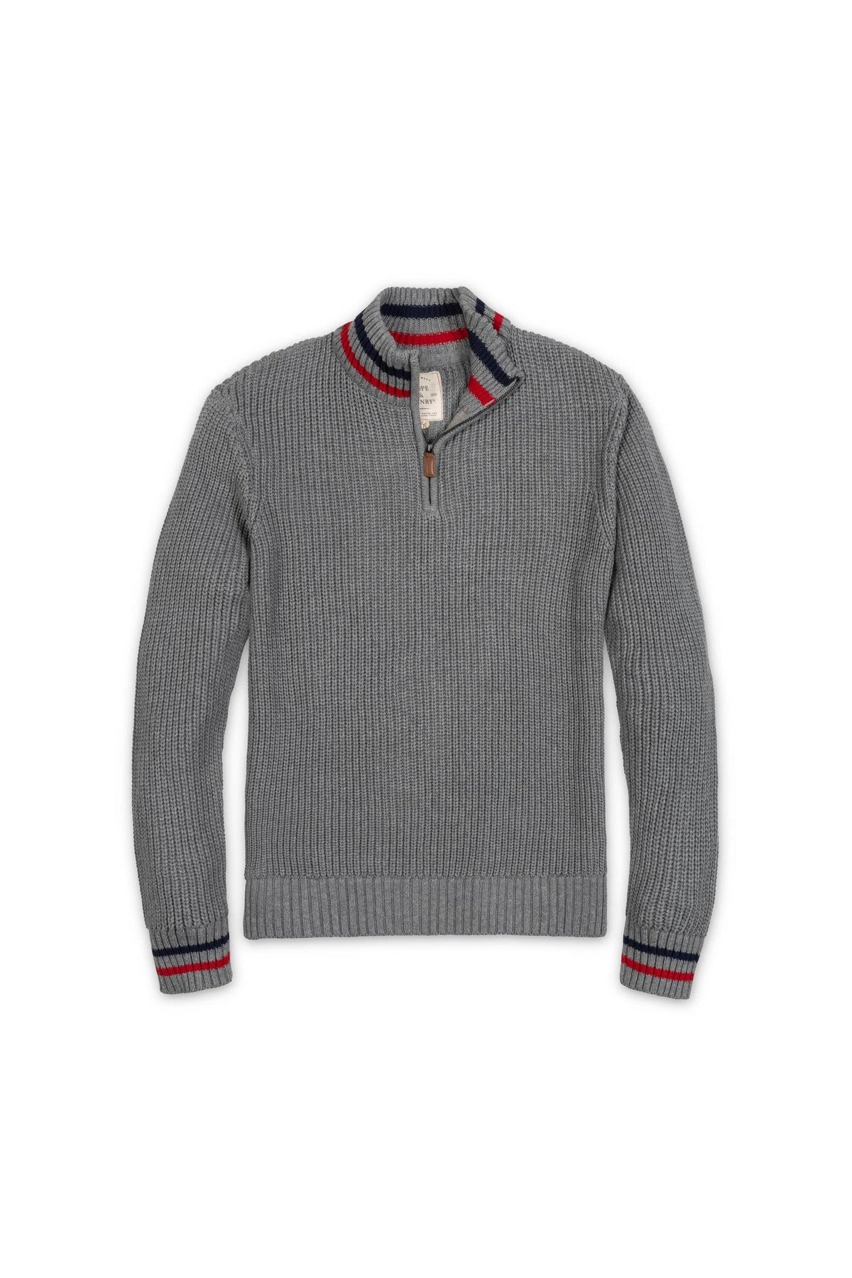 A dark gray organic cotton half-zip pullover features a rib knit mock neck and contrasting red and navy stripes at the collar and cuffs. Ideal for layering in cool weather.