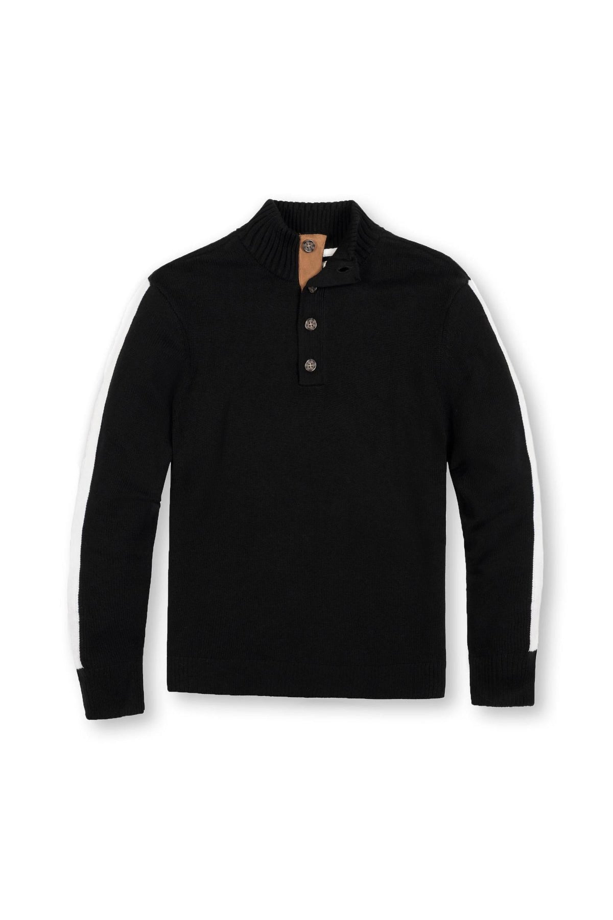 A black organic cotton mock neck sweater features a contrast white stripe along the outer sleeves and a short button placket, offering a stylish and sustainable option for family matching.