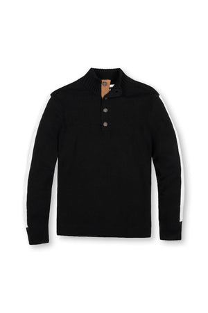 A black organic cotton mock neck sweater features a contrast white stripe along the outer sleeves and a short button placket, offering a stylish and sustainable option for family matching.