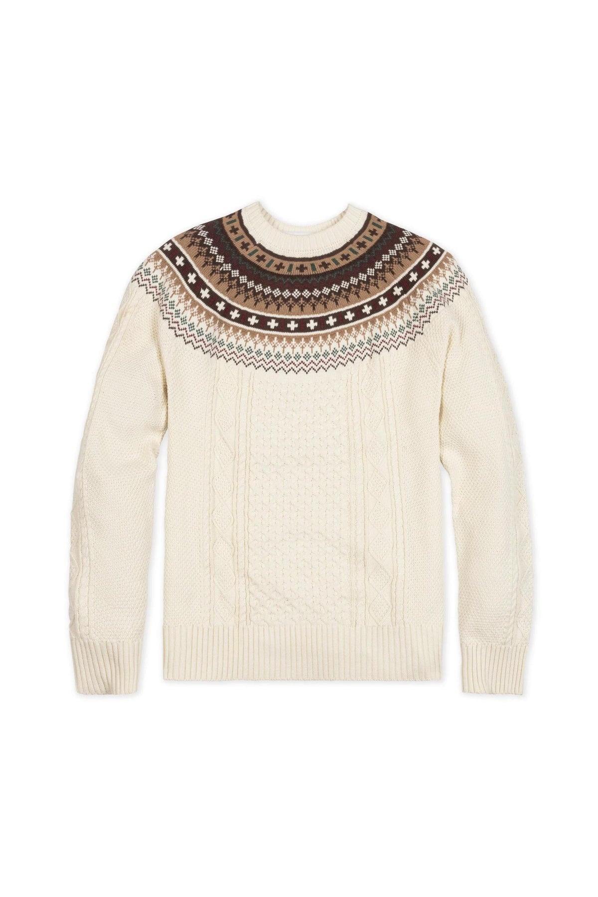 Ivory organic cotton sweater featuring a festive Fair Isle design in brown at the shoulders, transitioning into a textured cable knit on the bodice and sleeves. Ideal for family matching.