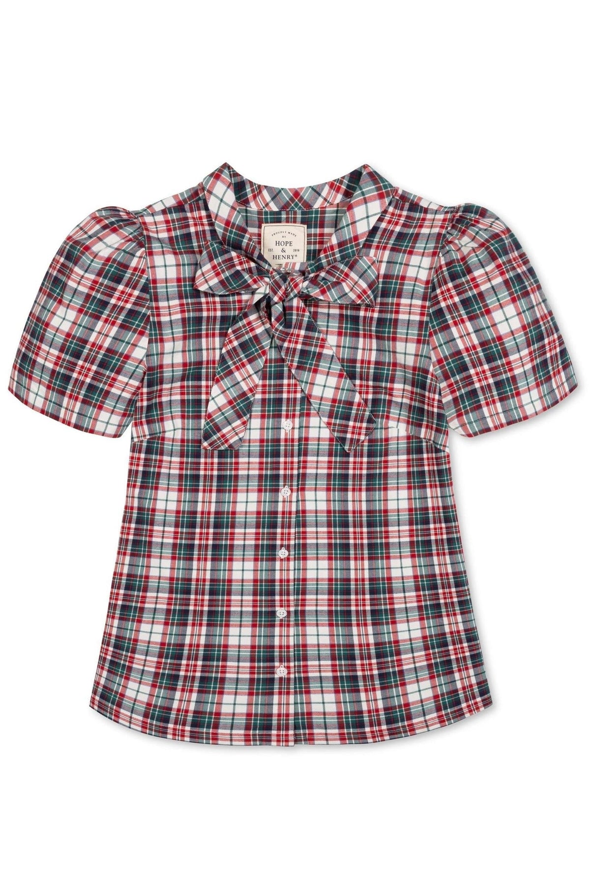 Organic Cotton Puff Sleeve Bow Neck Top, Holiday Tartan, Women, Family Matching