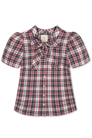Organic Cotton Puff Sleeve Bow Neck Top, Holiday Tartan, Women, Family Matching