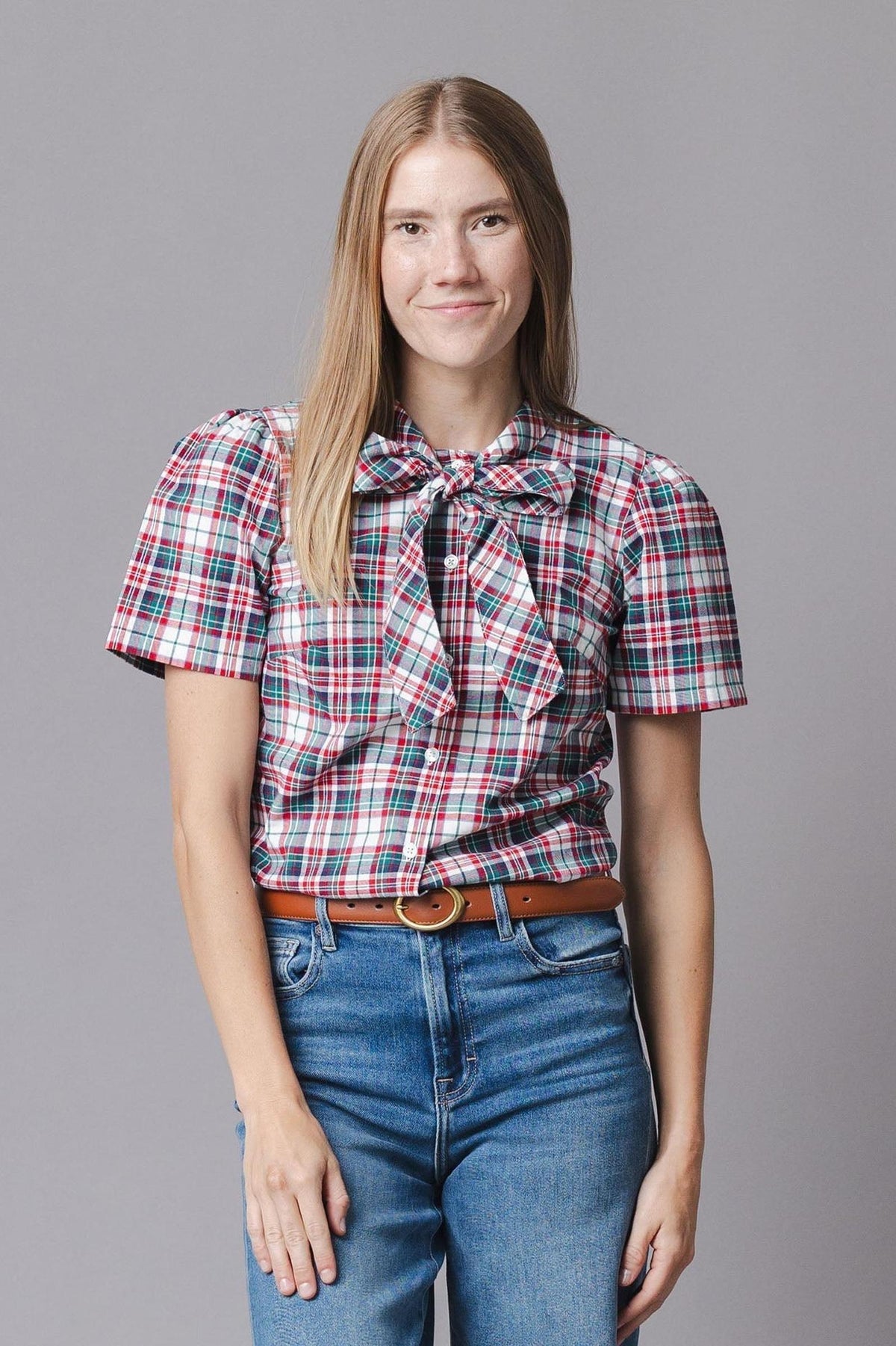 Organic Cotton Puff Sleeve Bow Neck Top, Holiday Tartan, Women, Family Matching