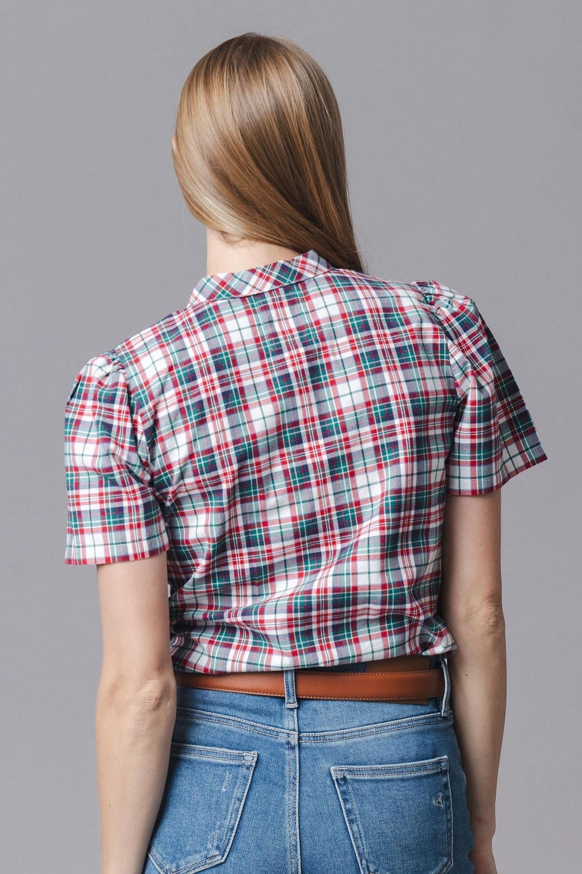 Organic Cotton Puff Sleeve Bow Neck Top, Holiday Tartan, Women, Family Matching