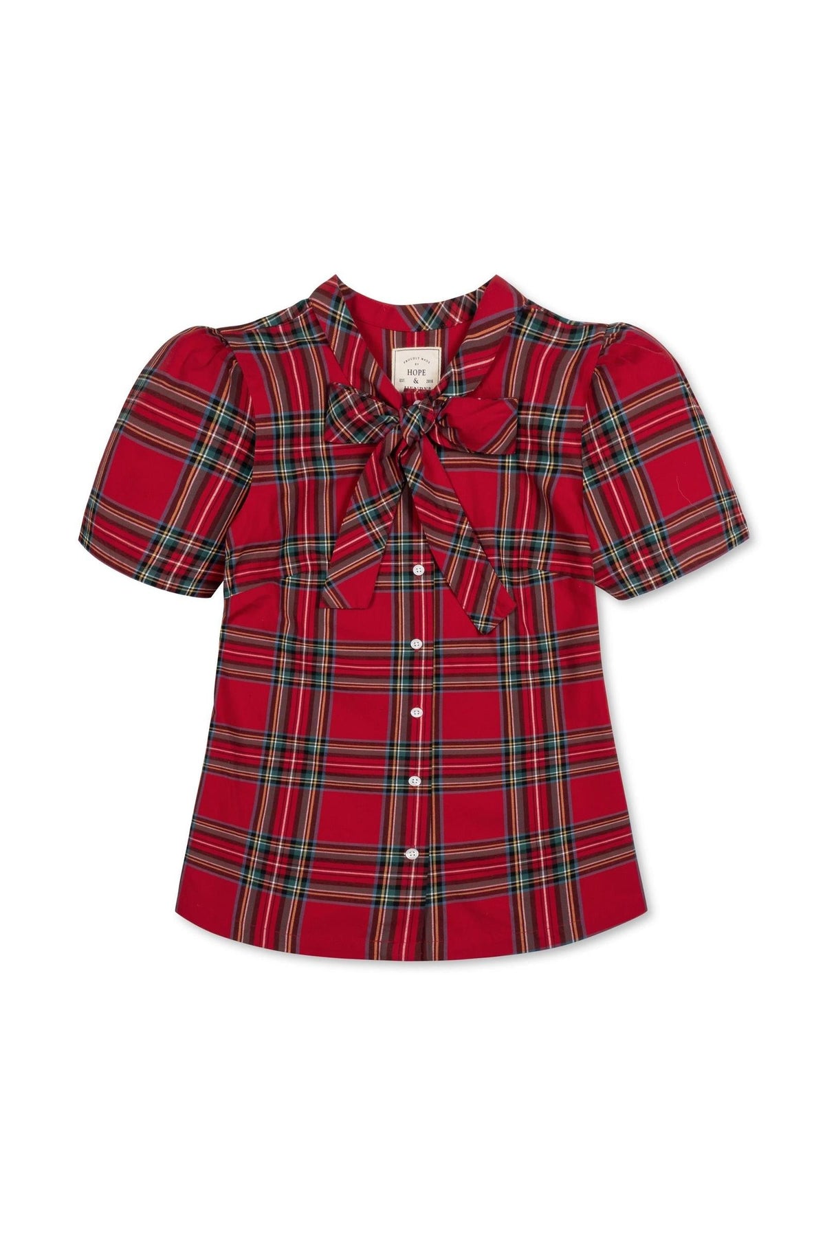 Organic Cotton Puff Sleeve Bow Neck Top, Red Holiday Tartan, Family Matching
