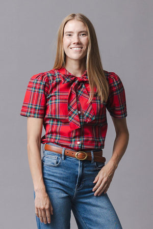 Organic Cotton Puff Sleeve Bow Neck Top, Red Holiday Tartan, Family Matching