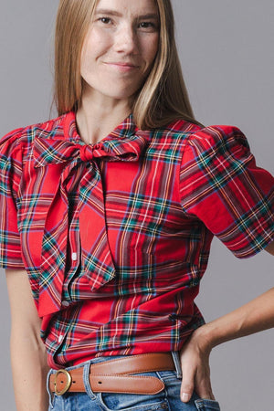 Organic Cotton Puff Sleeve Bow Neck Top, Red Holiday Tartan, Family Matching