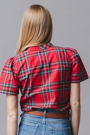 Organic Cotton Puff Sleeve Bow Neck Top, Red Holiday Tartan, Family Matching