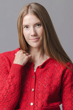 Organic Cotton Pointelle Cardigan, Red, Women, Family Matching