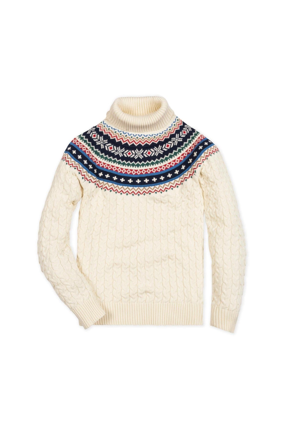 Ivory organic cotton sweater featuring a fair isle pattern in navy, red, and white along the shoulders, with a cozy turtleneck and cable knit texture, ideal for stylish warmth.