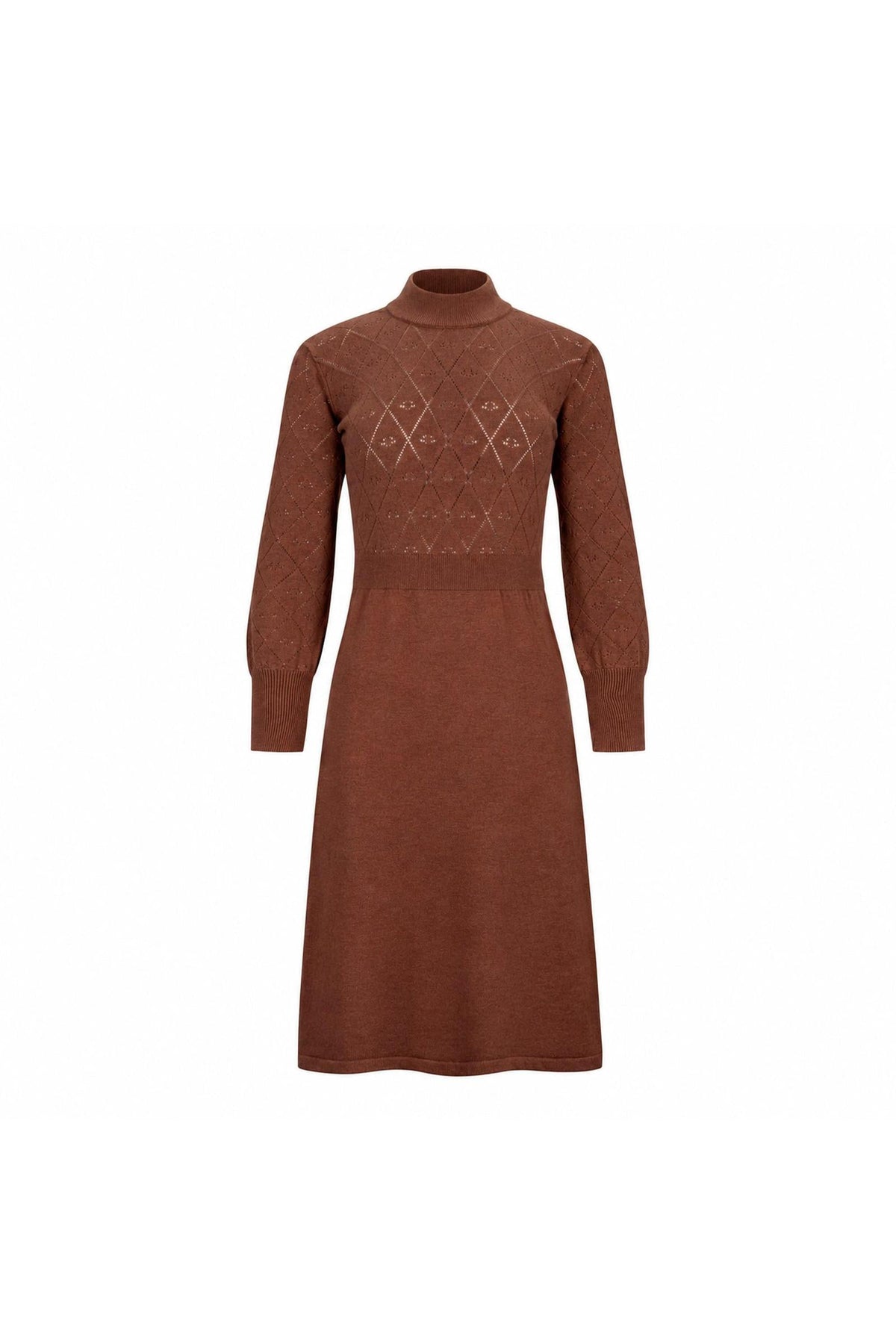 A cinnamon-colored sweater dress made from soft organic cotton features a mock neck and romantic puff sleeves, adorned with a delicate pointelle stitch pattern for added charm.