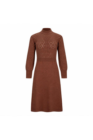 A cinnamon-colored sweater dress made from soft organic cotton features a mock neck and romantic puff sleeves, adorned with a delicate pointelle stitch pattern for added charm.