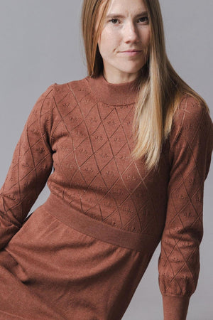 A model wears a cinnamon-colored organic cotton sweater dress featuring a pointelle stitch pattern and puffed sleeves, showcasing a flattering silhouette against a neutral gray background.