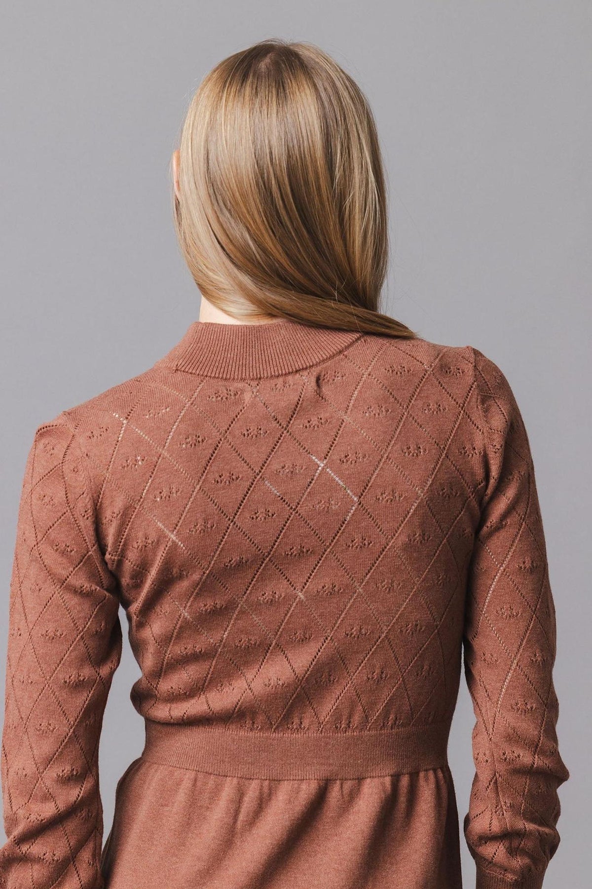 A woman is shown from the back, wearing a cinnamon-colored organic cotton sweater dress featuring a pointelle stitch and puff sleeves. The soft material creates a flattering silhouette.