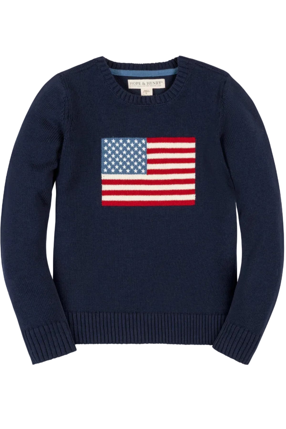Navy blue crew neck sweater featuring an American flag intarsia design with embroidered stars. Made from organic cotton, this stylish piece is perfect for family gatherings and holiday celebrations.