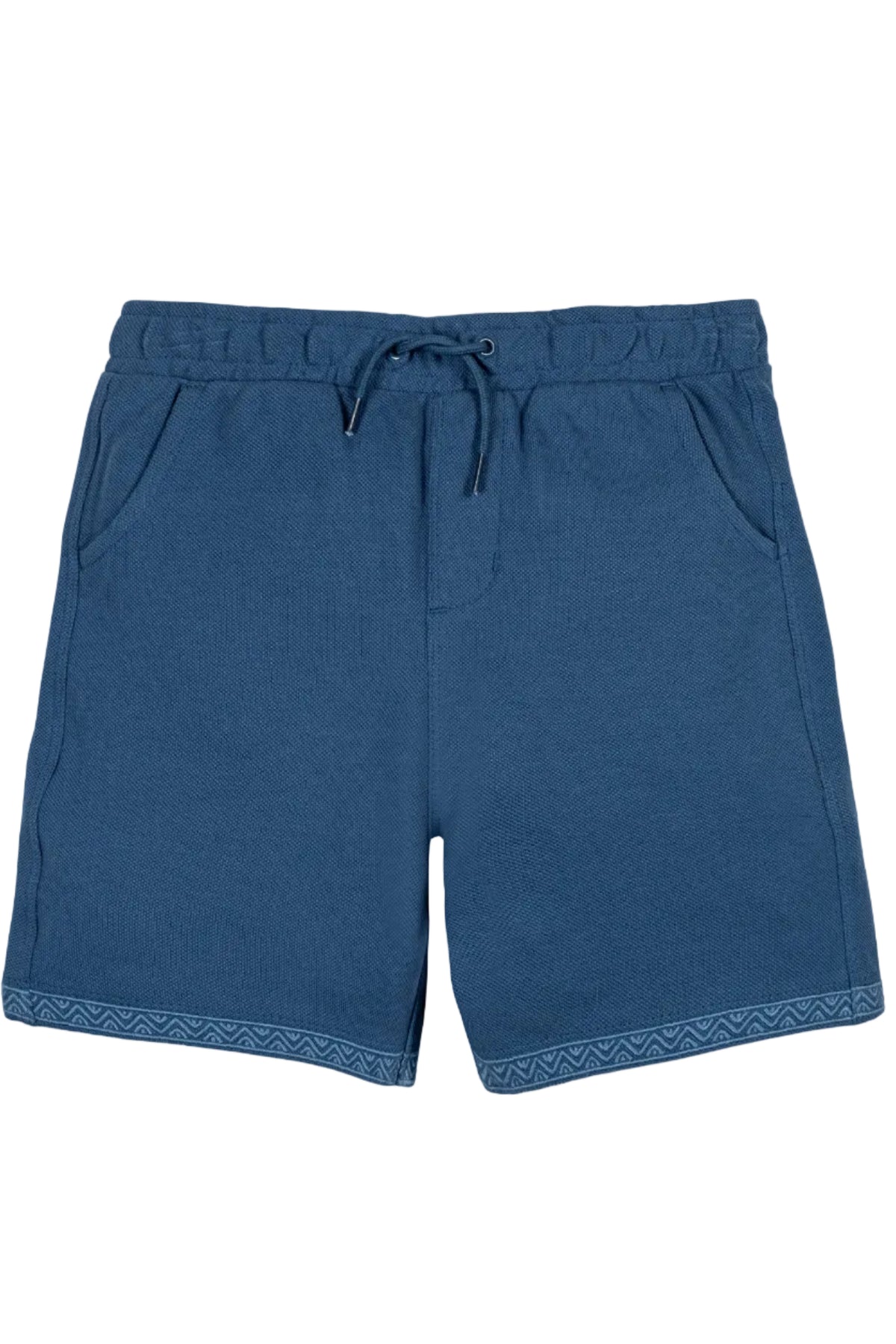 Organic cotton pique pull-on shorts in a stone blue color feature an elastic waistband, adjustable drawstring, and side pockets. Ideal for active kids aged 2T-12, perfect for outdoor play.
