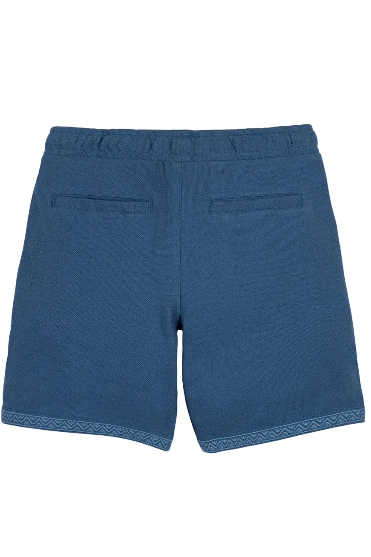Back view of stone blue organic cotton pique pull-on shorts featuring an elastic waistband and two back pockets. Designed for comfort, these shorts are suitable for kids aged 2T-12.