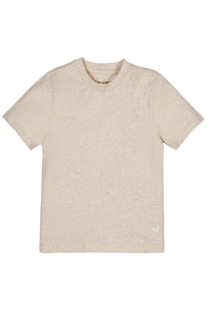 Light oatmeal-colored short sleeve Henley tee made from soft organic cotton, featuring a classic neckline. Ideal for kids aged 2T-18, this shirt combines comfort with a timeless style.