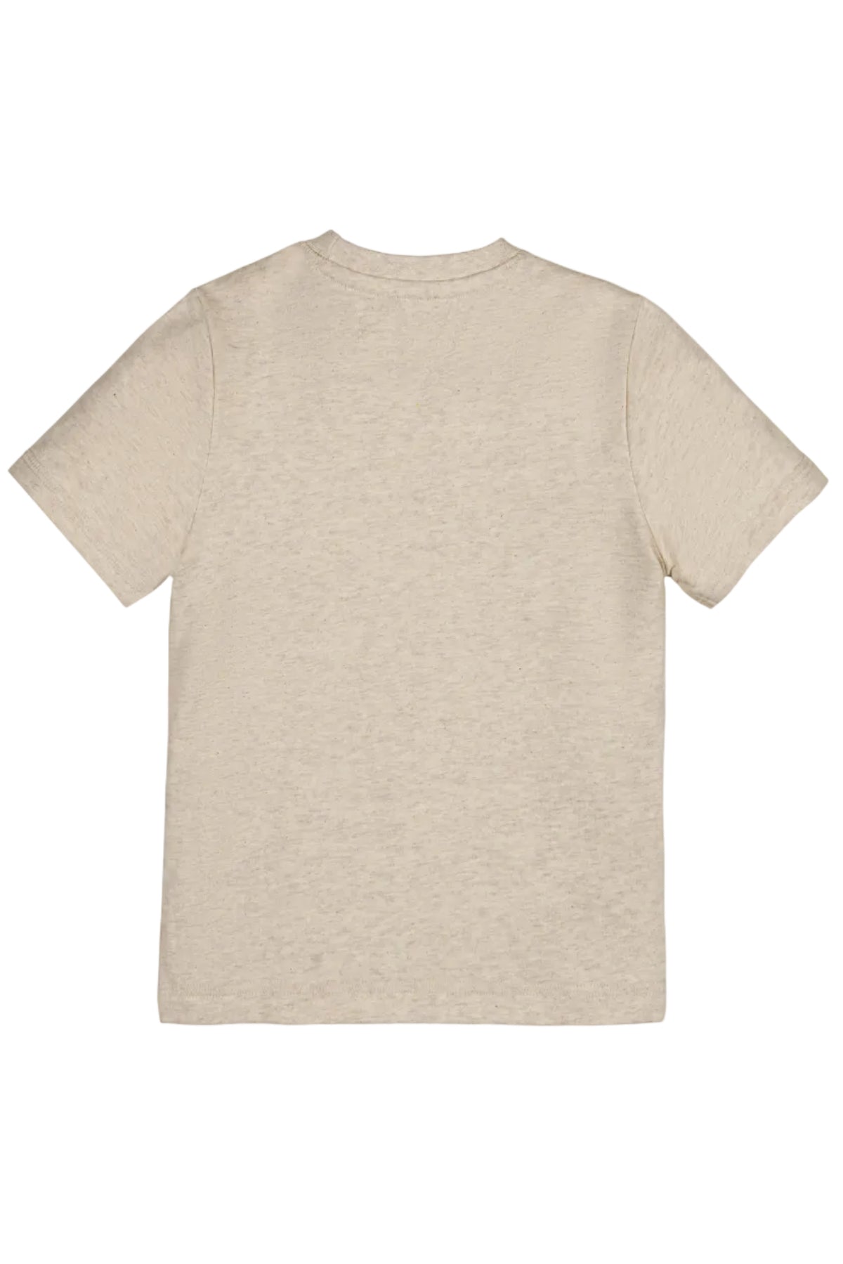Back view of a soft, oatmeal-colored organic cotton short sleeve Henley tee. This comfortable shirt is suitable for kids aged 2T to 18, showcasing a simple, timeless design.