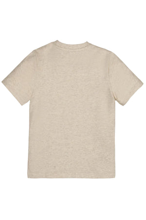 Back view of a soft, oatmeal-colored organic cotton short sleeve Henley tee. This comfortable shirt is suitable for kids aged 2T to 18, showcasing a simple, timeless design.
