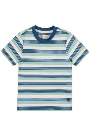 A short sleeve boys tee in a Tidal Stripe pattern features shades of blue and green. Made from breathable organic cotton, it offers a comfortable fit for warm weather.