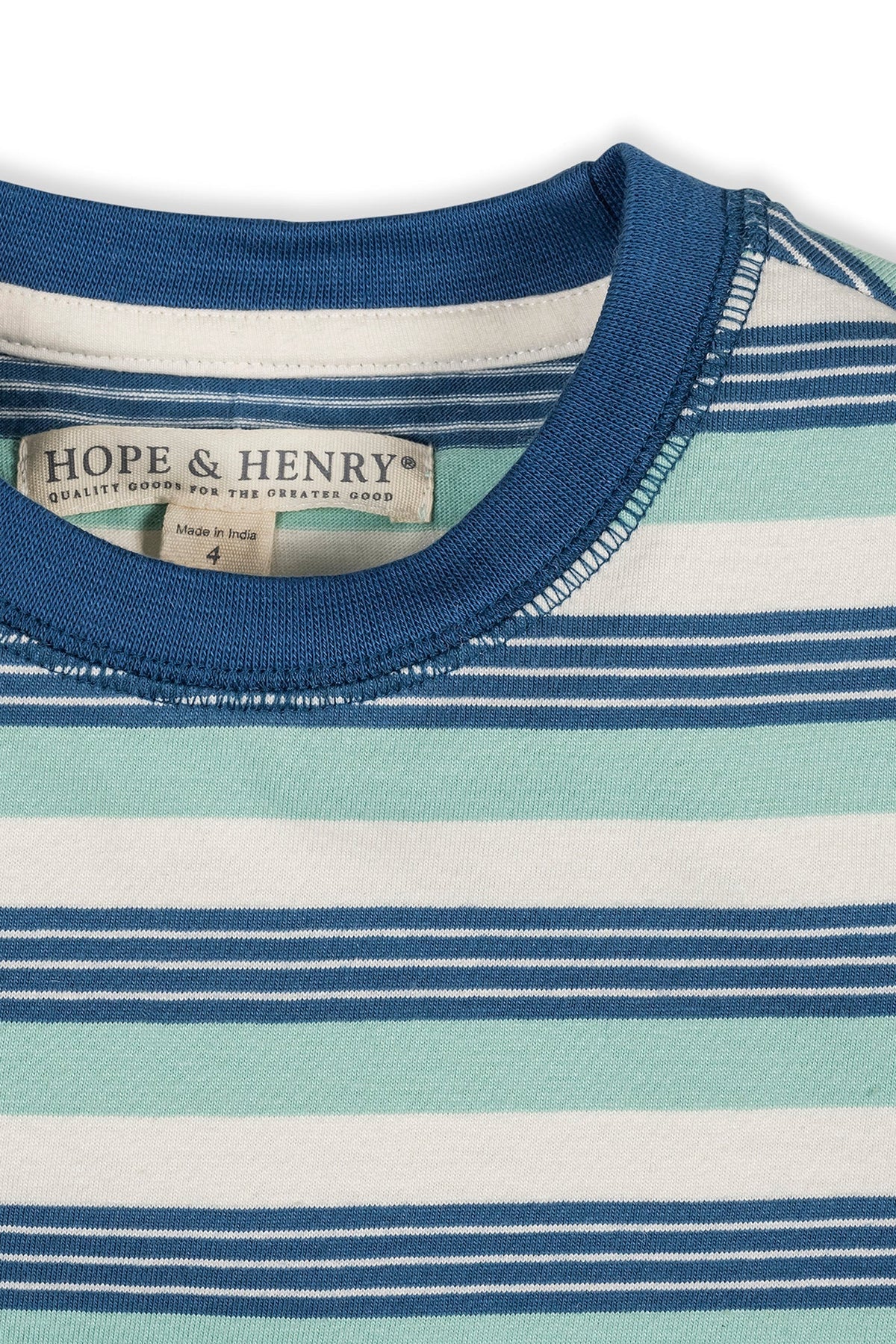 Close-up of a blue and green striped organic cotton Henley tee by Hope & Henry, featuring a soft neckline and label. Ideal for boys, designed for comfort and everyday wear.