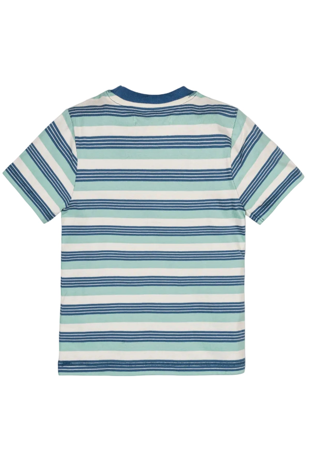 Back view of a boys organic cotton short sleeve Henley tee featuring a Tidal Stripe pattern in light mint and navy.
