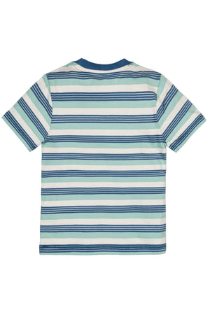 Back view of a boys organic cotton short sleeve Henley tee featuring a Tidal Stripe pattern in light mint and navy.