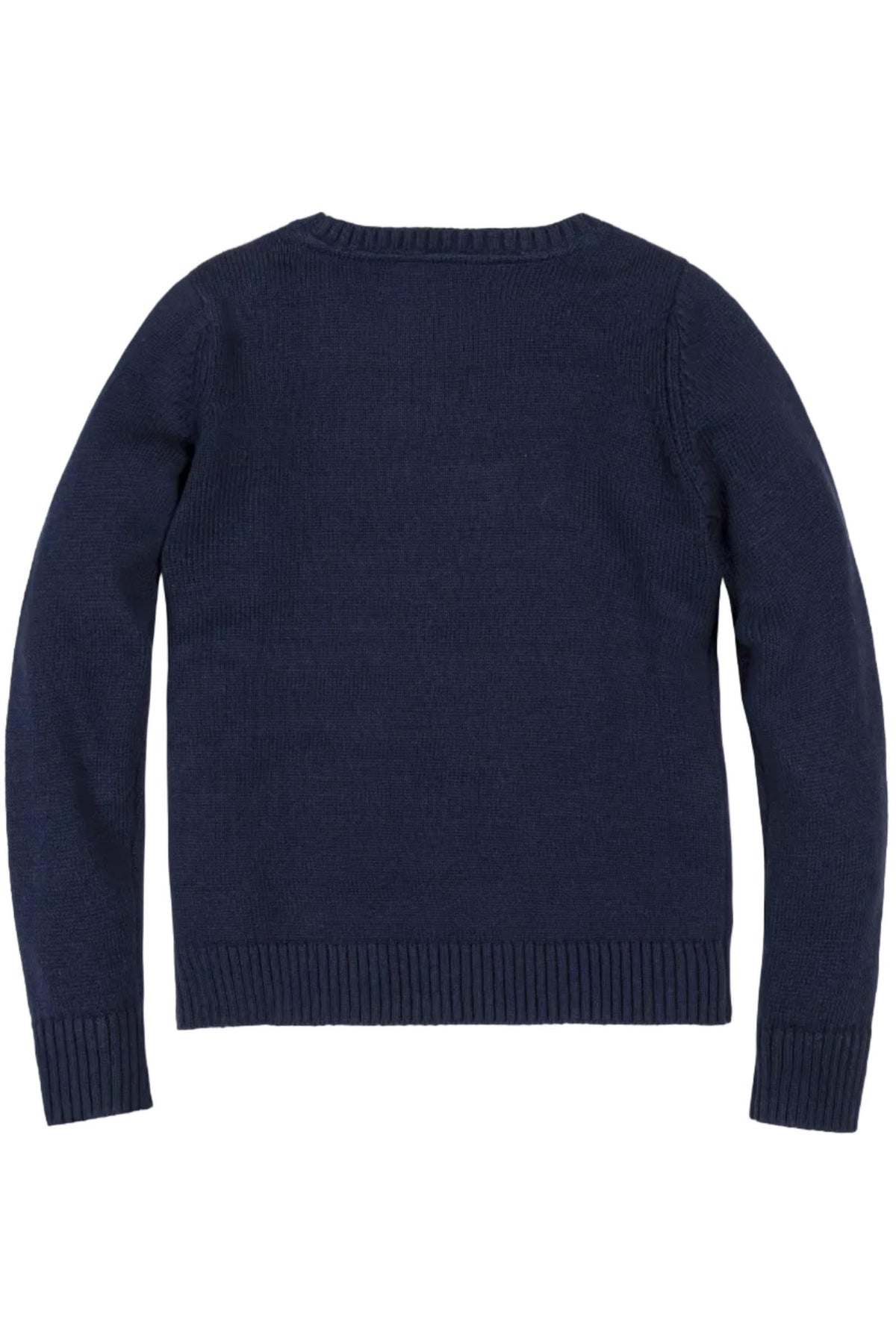 Back view of a navy blue organic cotton crew neck sweater, featuring a simple design with ribbed cuffs and hem, ideal for family matching outfits and cozy wear.