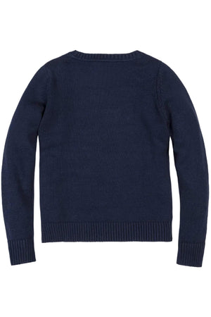Back view of a navy blue organic cotton crew neck sweater, featuring a simple design with ribbed cuffs and hem, ideal for family matching outfits and cozy wear.
