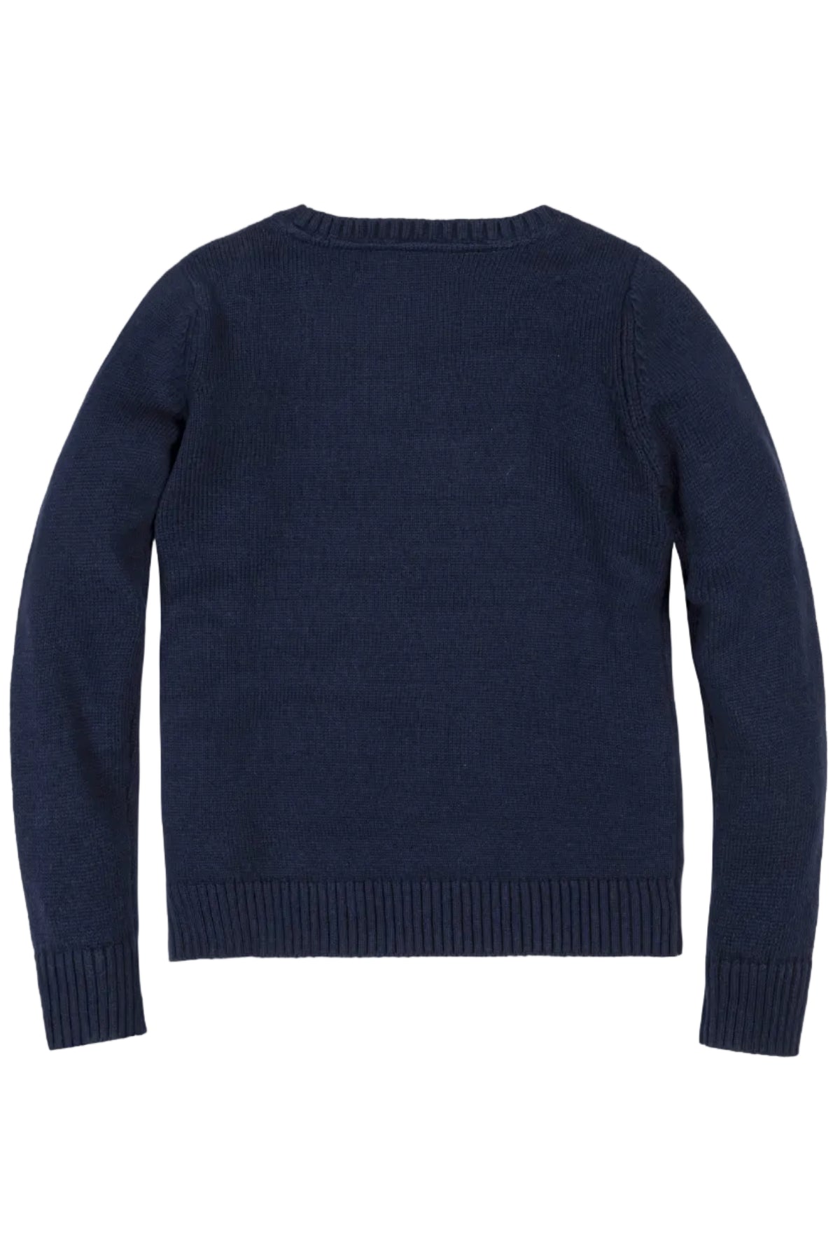 A navy blue organic cotton crew neck sweater is displayed, showcasing a clean, simple design with ribbed cuffs and hem.