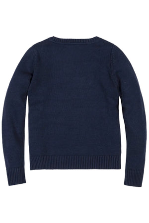 A navy blue organic cotton crew neck sweater is displayed, showcasing a clean, simple design with ribbed cuffs and hem.