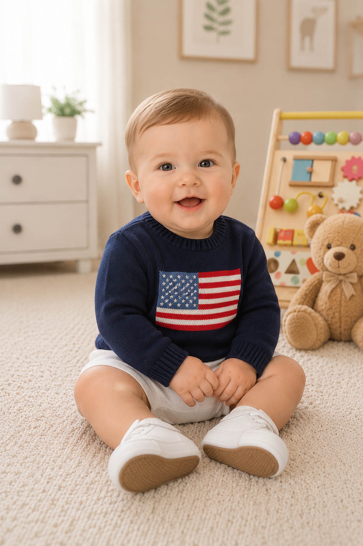 A smiling baby sits on a soft, neutral rug, wearing a navy sweater with an American flag design.