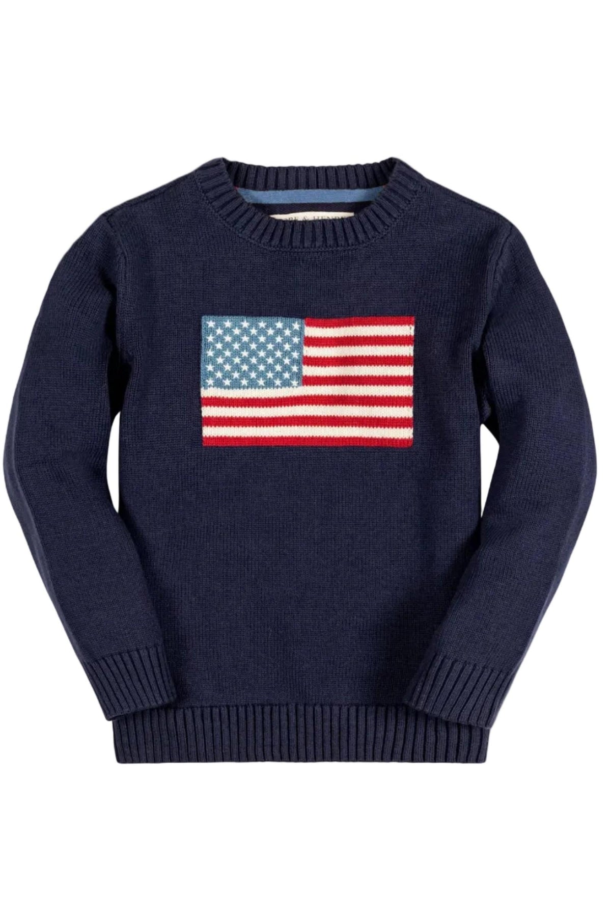 Navy crew neck sweater featuring a knitted American flag design on the front. Made from GOTS certified organic cotton, this cozy piece is perfect for family matching outfits.