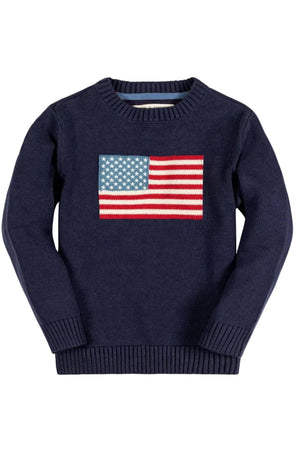 Navy crew neck sweater featuring a knitted American flag design on the front. Made from GOTS certified organic cotton, this cozy piece is perfect for family matching outfits.