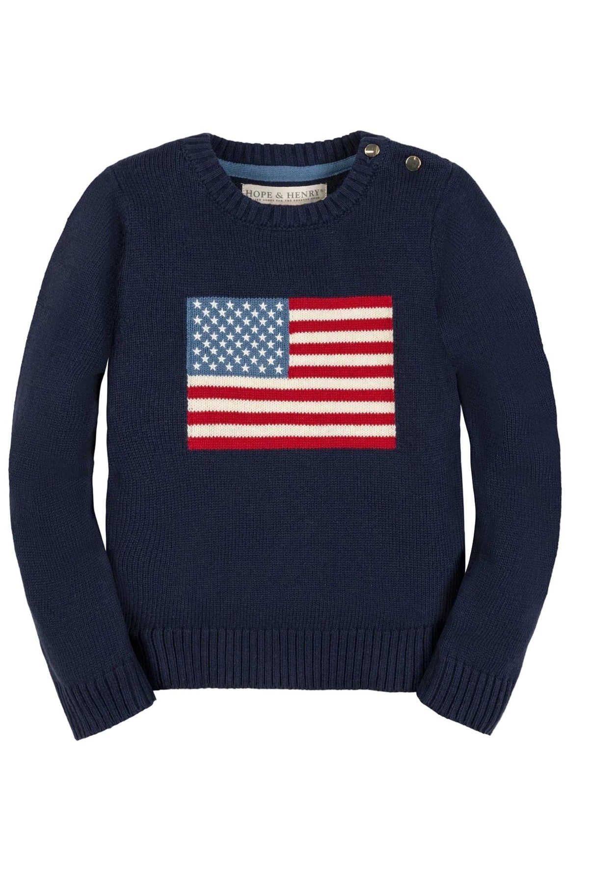 Navy organic cotton crew neck sweater featuring a classic American flag intarsia design with embroidered stars. This cozy, sustainable piece is perfect for family gatherings and everyday wear.
