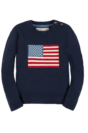 Navy organic cotton crew neck sweater featuring a classic American flag intarsia design with embroidered stars. This cozy, sustainable piece is perfect for family gatherings and everyday wear.