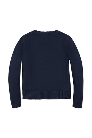 Navy blue organic cotton sweater with a classic crew neck design, featuring a textured knit and ribbed hem. Ideal for family matching outfits and cozy everyday wear.