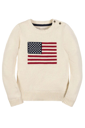 Ivory crew neck sweater featuring a knitted American flag design on the front. Made from soft organic cotton, it’s perfect for toddlers and kids in family matching outfits.