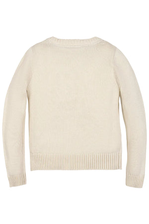Back view of an ivory organic cotton crew neck sweater featuring a ribbed hem and cuffs, designed for toddlers and kids, emphasizing comfort and sustainability in family matching outfits.