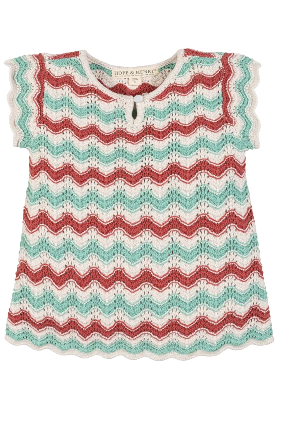 A lightweight, organic cotton sweater top featuring flutter sleeves in wavy red, teal, and cream stripes. This stylish piece from Hope & Henry is perfect for warm weather adventures.