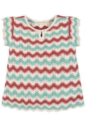 A lightweight, organic cotton sweater top featuring flutter sleeves in wavy red, teal, and cream stripes. This stylish piece from Hope & Henry is perfect for warm weather adventures.